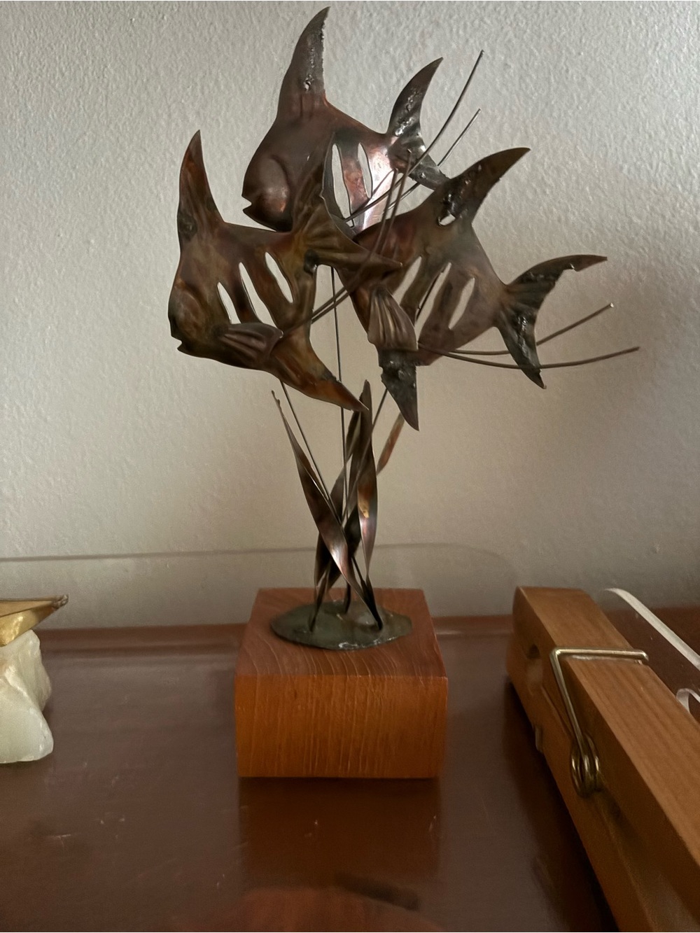 1960s Vintage Mid-Century Metal Fish Sea Sculpture On Wood Block VGUC
